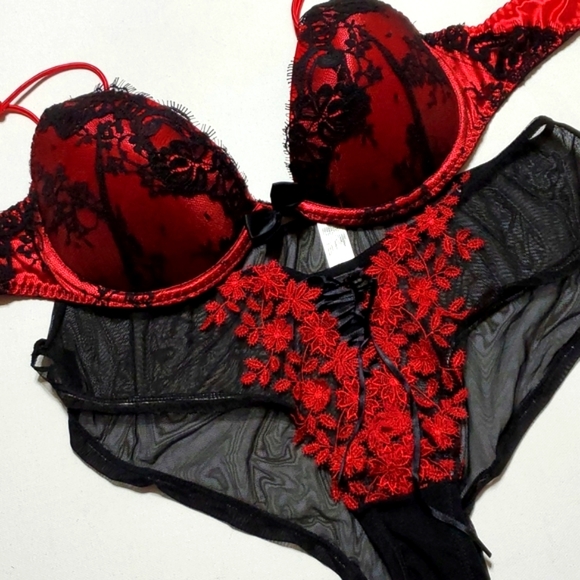 Bra & (2) Panty Set Sizes 38C/1x Red & Blk Lace By Delicates - Picture 1 of 17